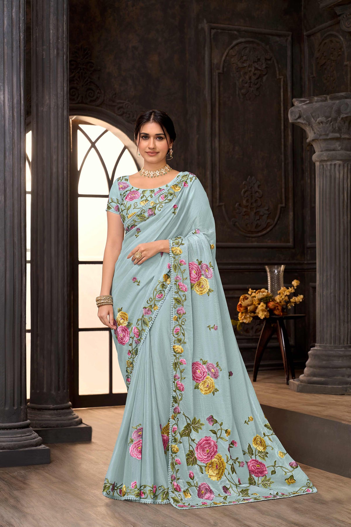 Blue embroidered tissue organza saree festive wear