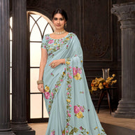 Blue embroidered tissue organza saree festive wear
