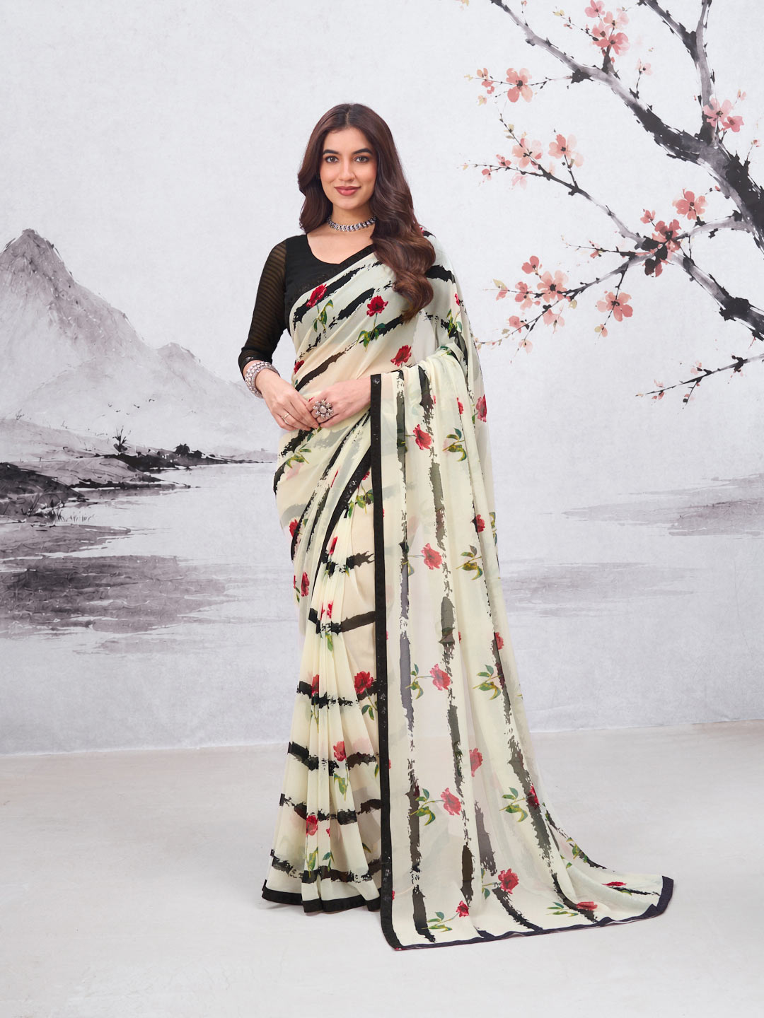 White floral printed georgette saree party wear