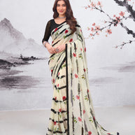 White floral printed georgette saree party wear