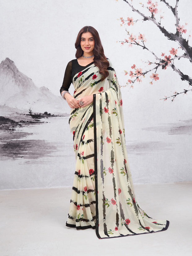 White floral printed georgette saree party wear