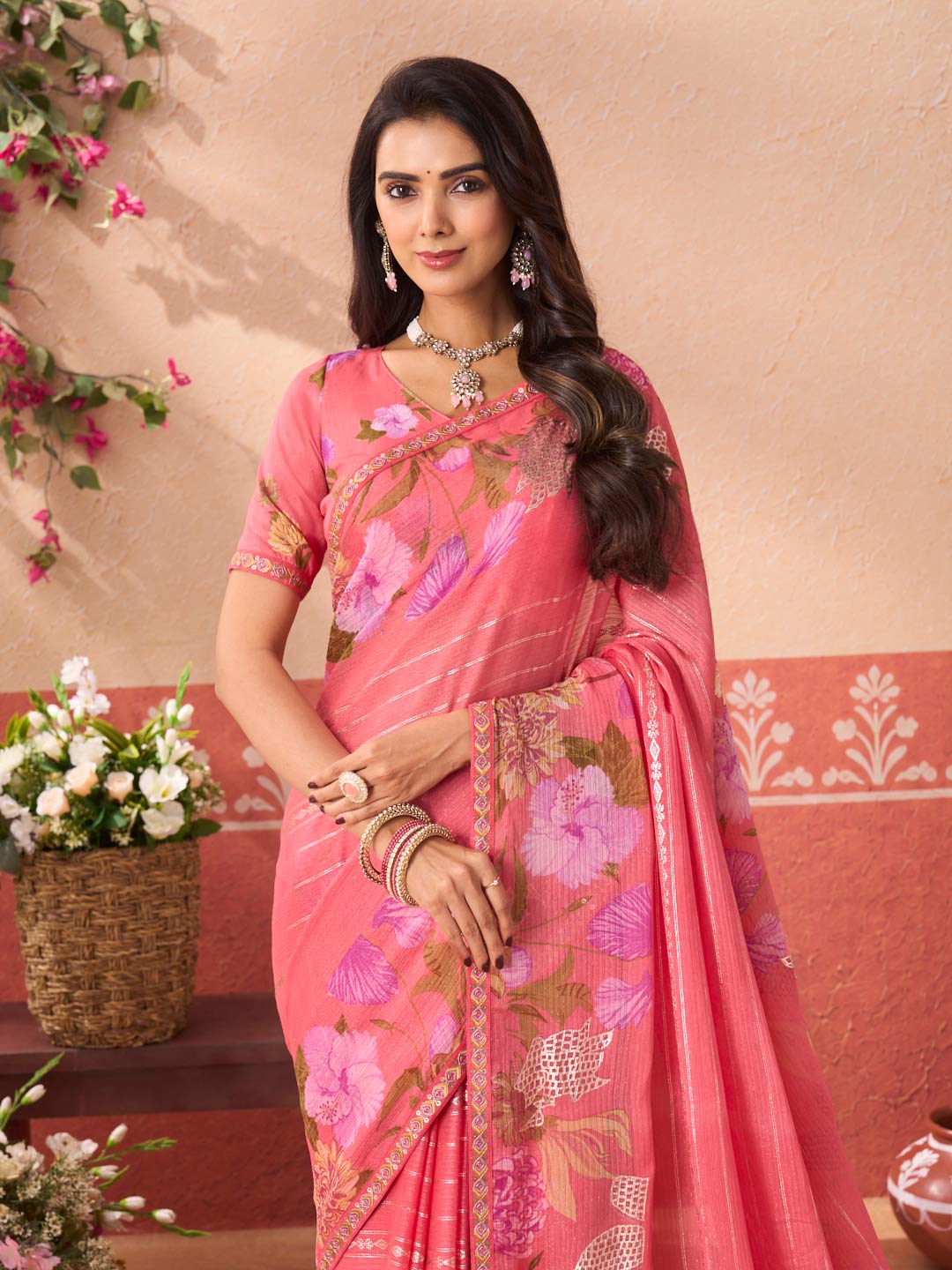 Pink floral printed chiffon saree wedding wear