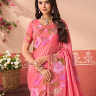 Pink floral printed chiffon saree wedding wear