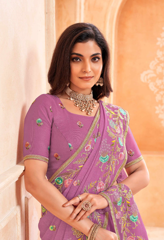 Purple embroidered chiffon saree festive wear