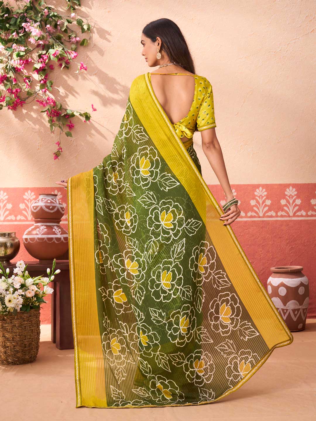 Green floral printed chiffon saree party wear