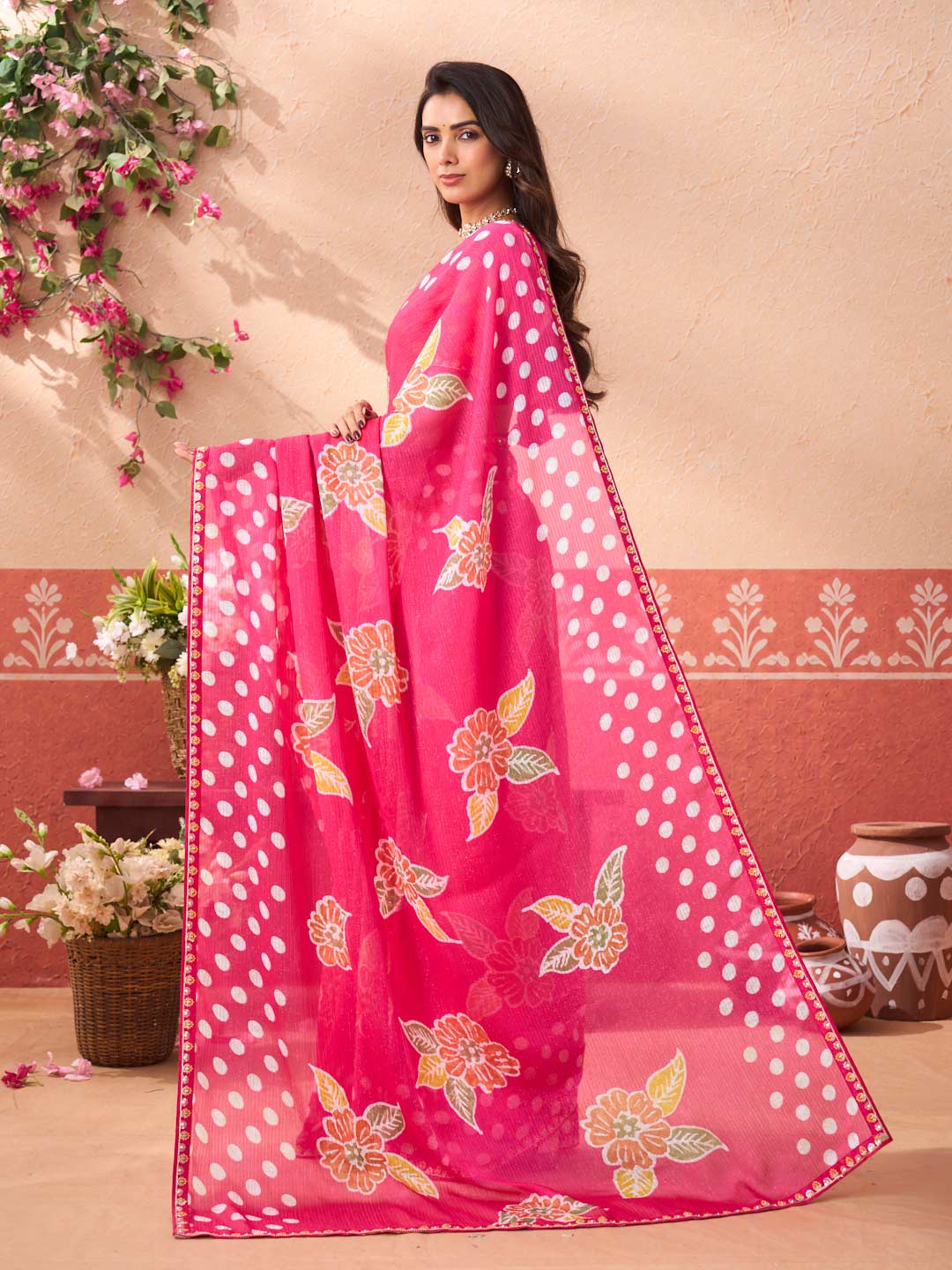 Pink floral printed chiffon saree daily wear