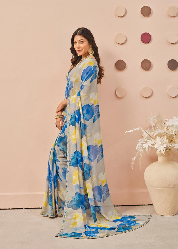 Grey floral printed georgette saree party wear