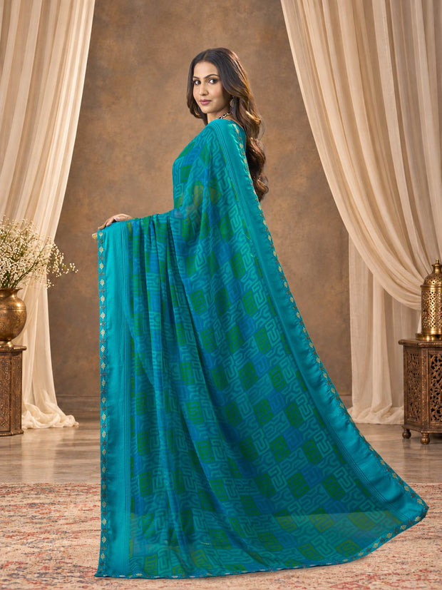 Blue printed georgette saree daily wear