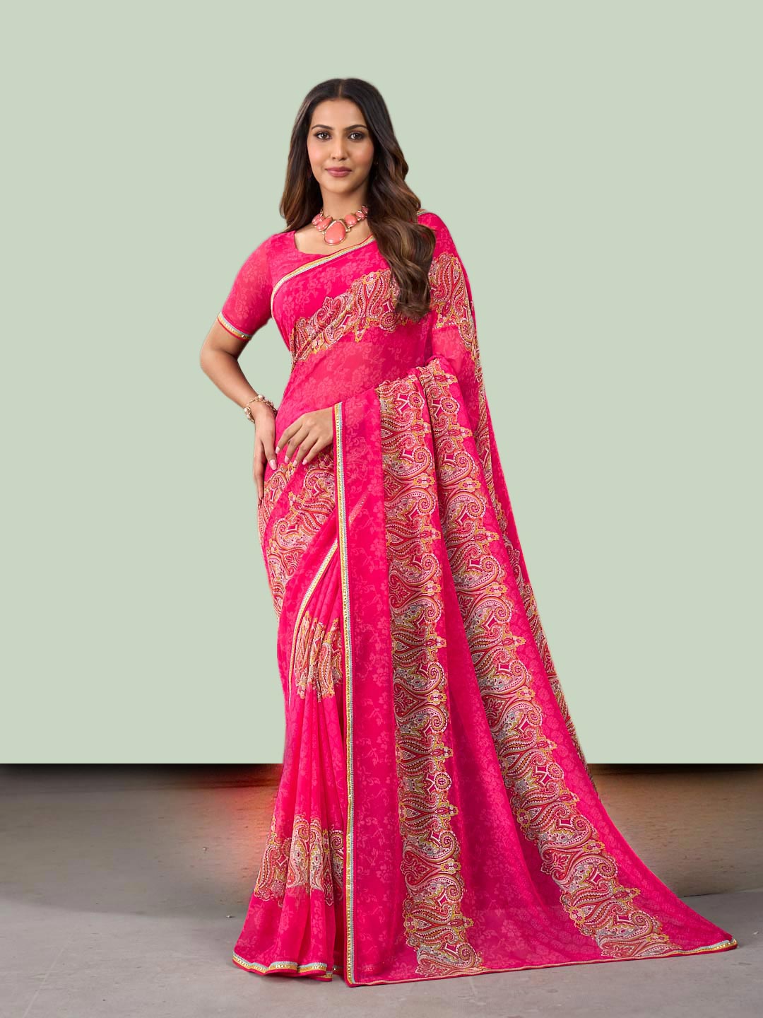 Laxmipati Rudramala Pink Georgette Floral Printed Saree