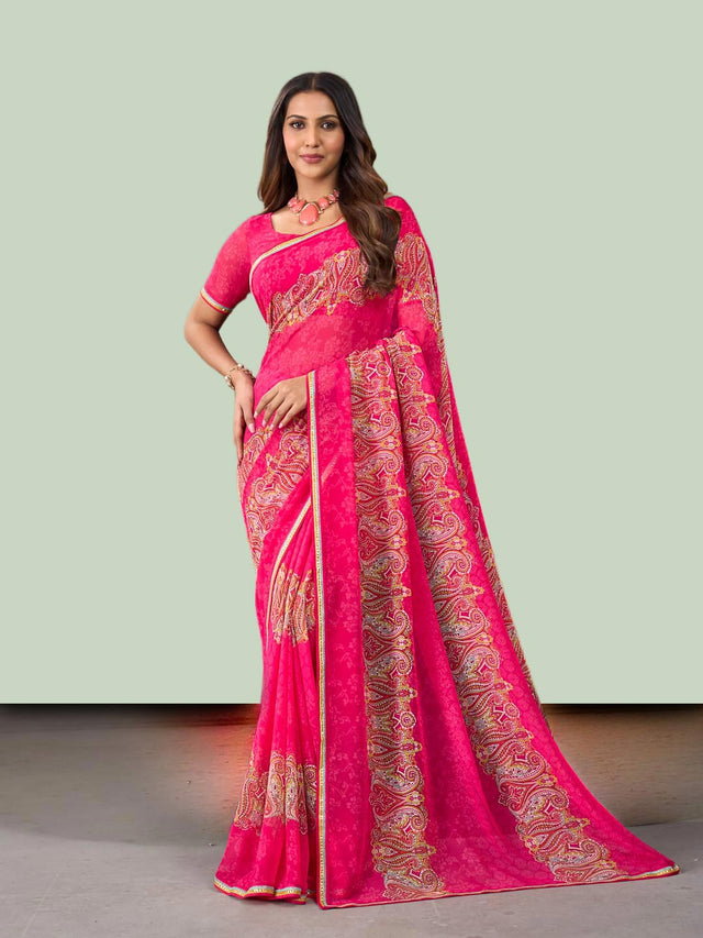 Laxmipati Rudramala Pink Georgette Floral Printed Saree