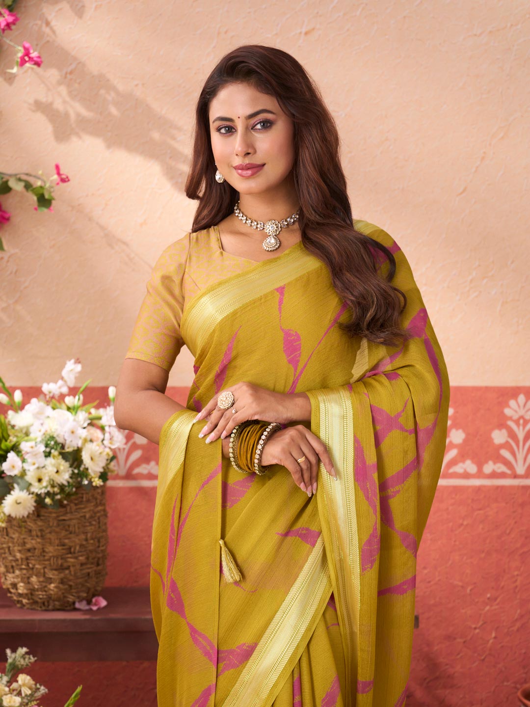 Olive Green printed chiffon saree wedding wear