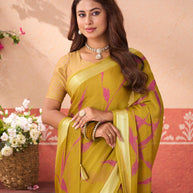 Olive Green printed chiffon saree wedding wear