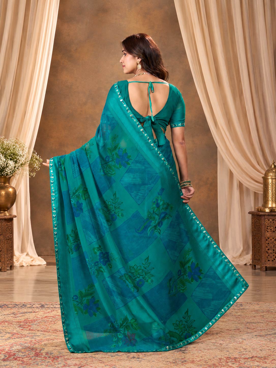 Blue printed georgette saree party wear