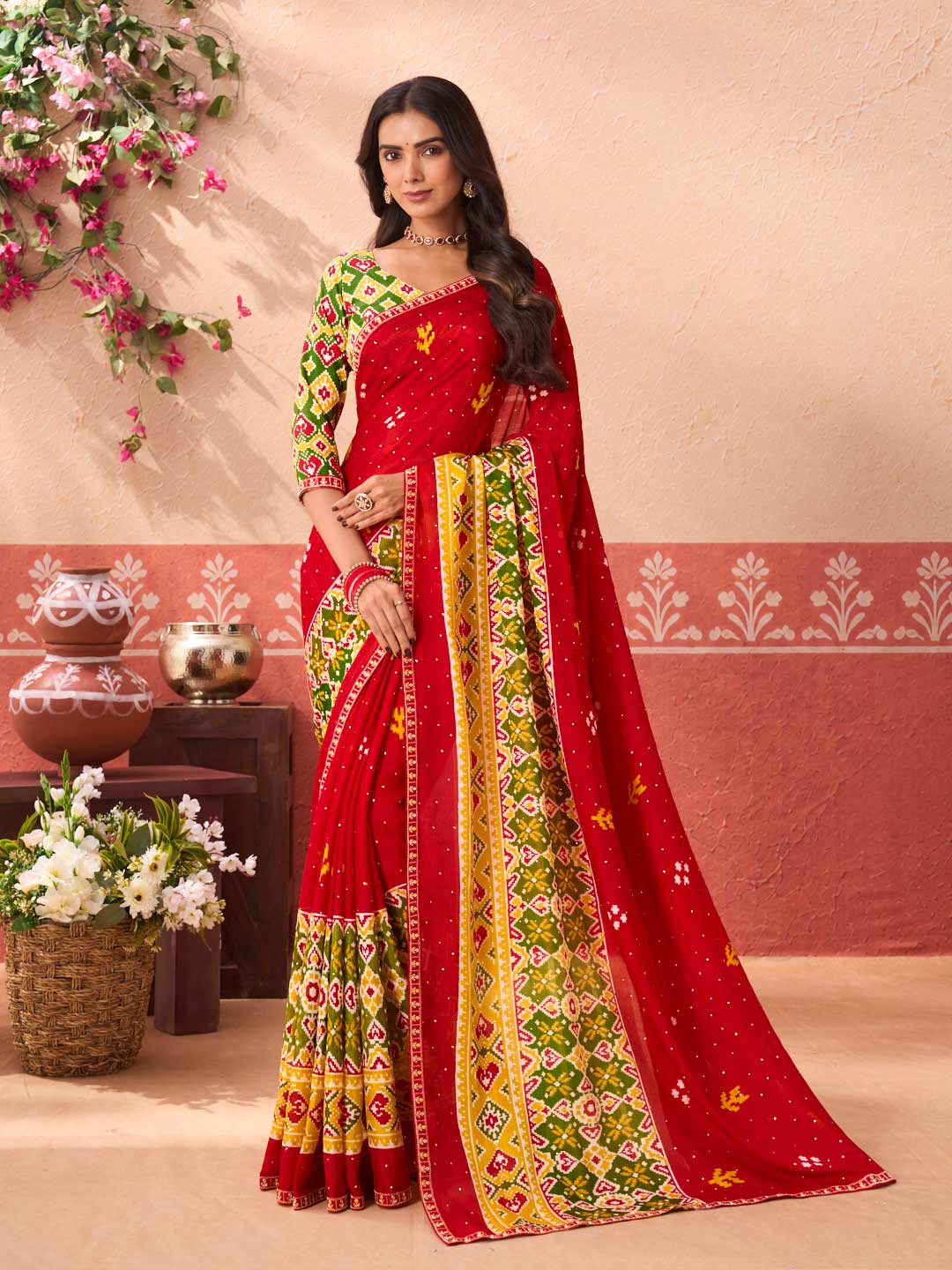 Red floral printed silk blend saree festive wear