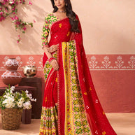 Red floral printed silk blend saree festive wear