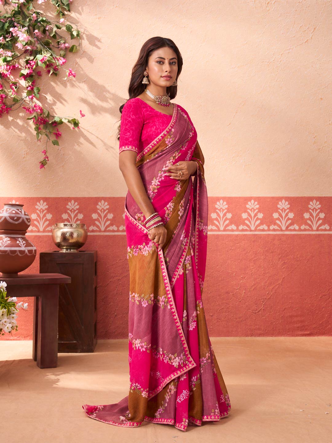 Pink floral printed chiffon saree casual wear