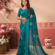 Teal Green floral printed georgette saree daily wear