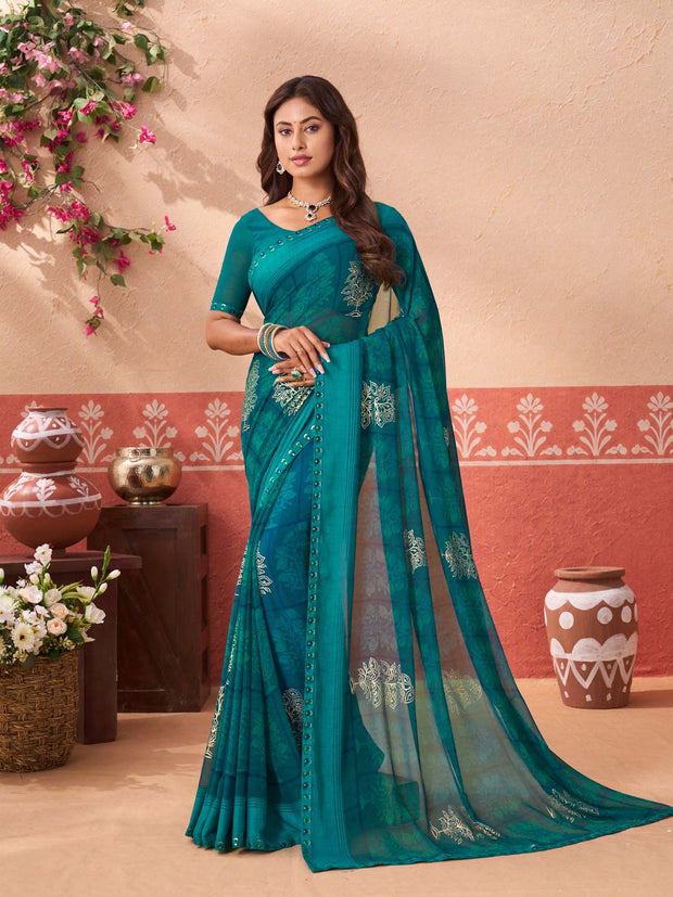 Teal Green floral printed georgette saree daily wear