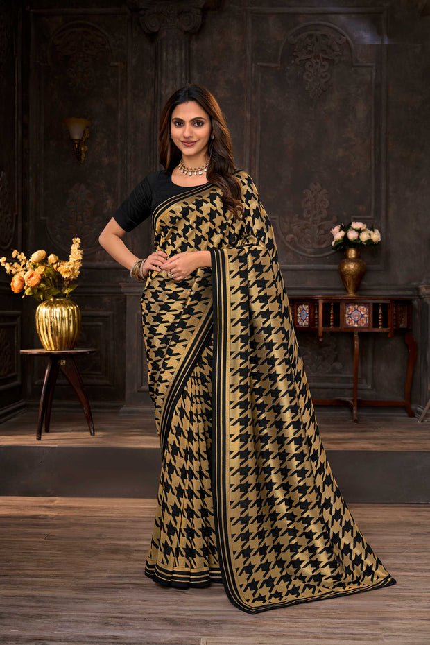 Golden embroidered silk blend saree festive wear
