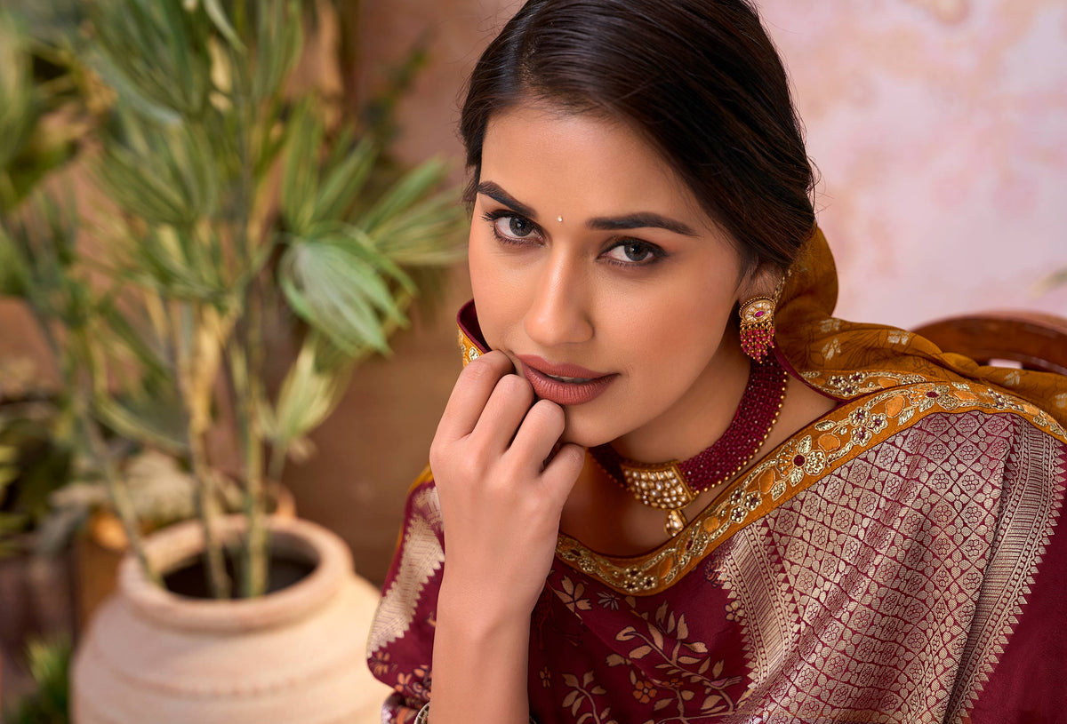 Brown embroidered chiffon saree daily wear