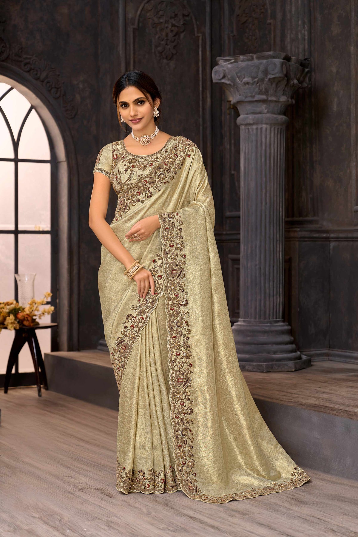 Cream embroidered silk blend saree festive wear