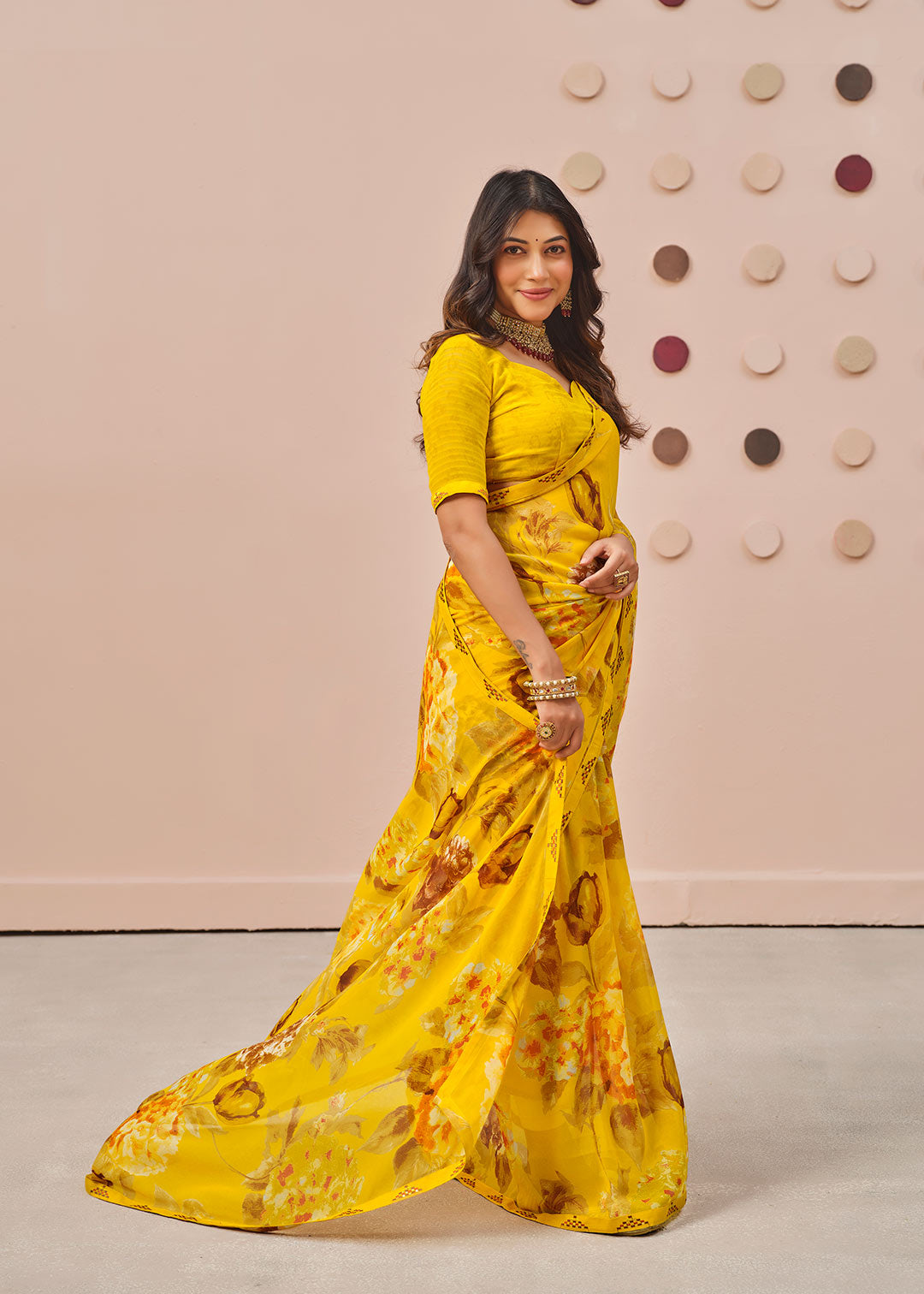 Mustard floral printed georgette saree wedding wear