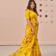 Mustard floral printed georgette saree wedding wear