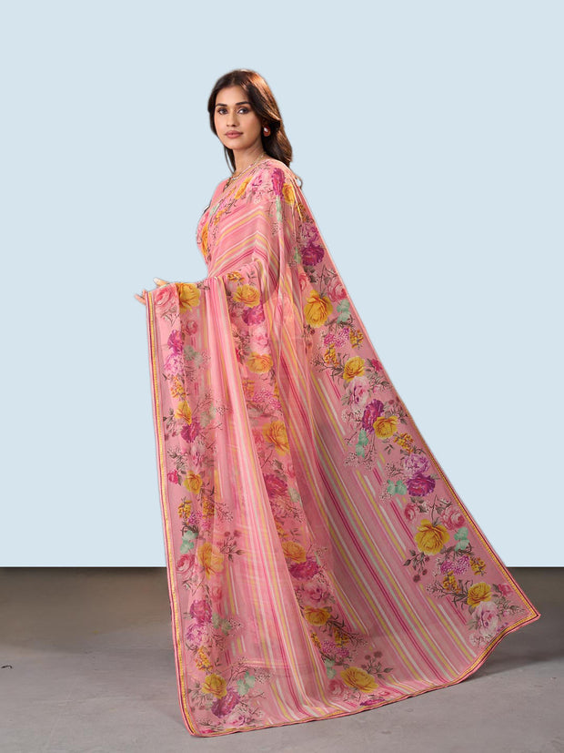 Laxmipati Rudramala Pink Georgette Floral Printed Saree