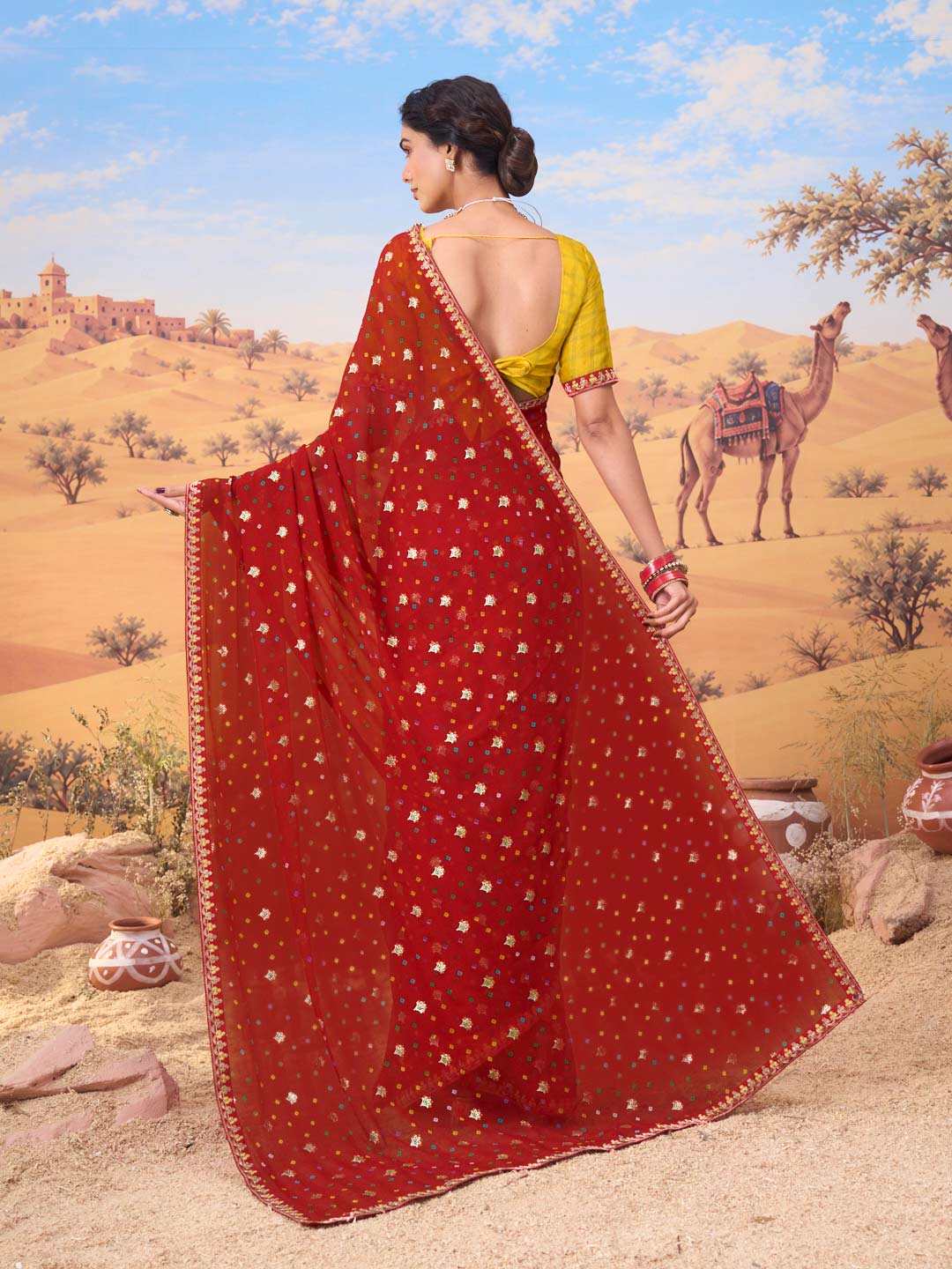 Red bandhani printed georgette saree party wear