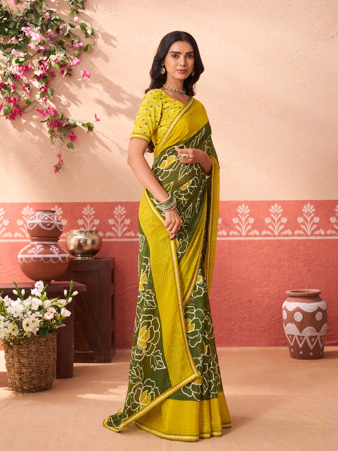 Green floral printed chiffon saree casual wear