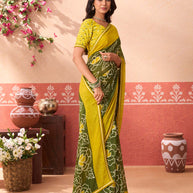 Green floral printed chiffon saree casual wear