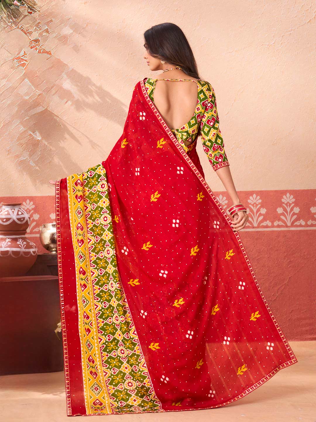 Red floral printed silk blend saree party wear