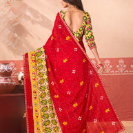 Red floral printed silk blend saree party wear