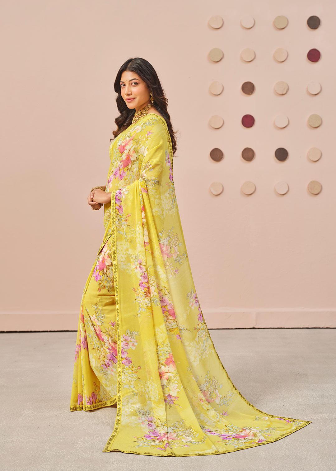 Yellow floral printed georgette saree daily wear