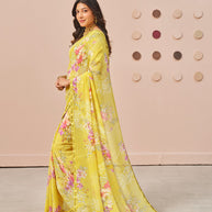 Yellow floral printed georgette saree daily wear