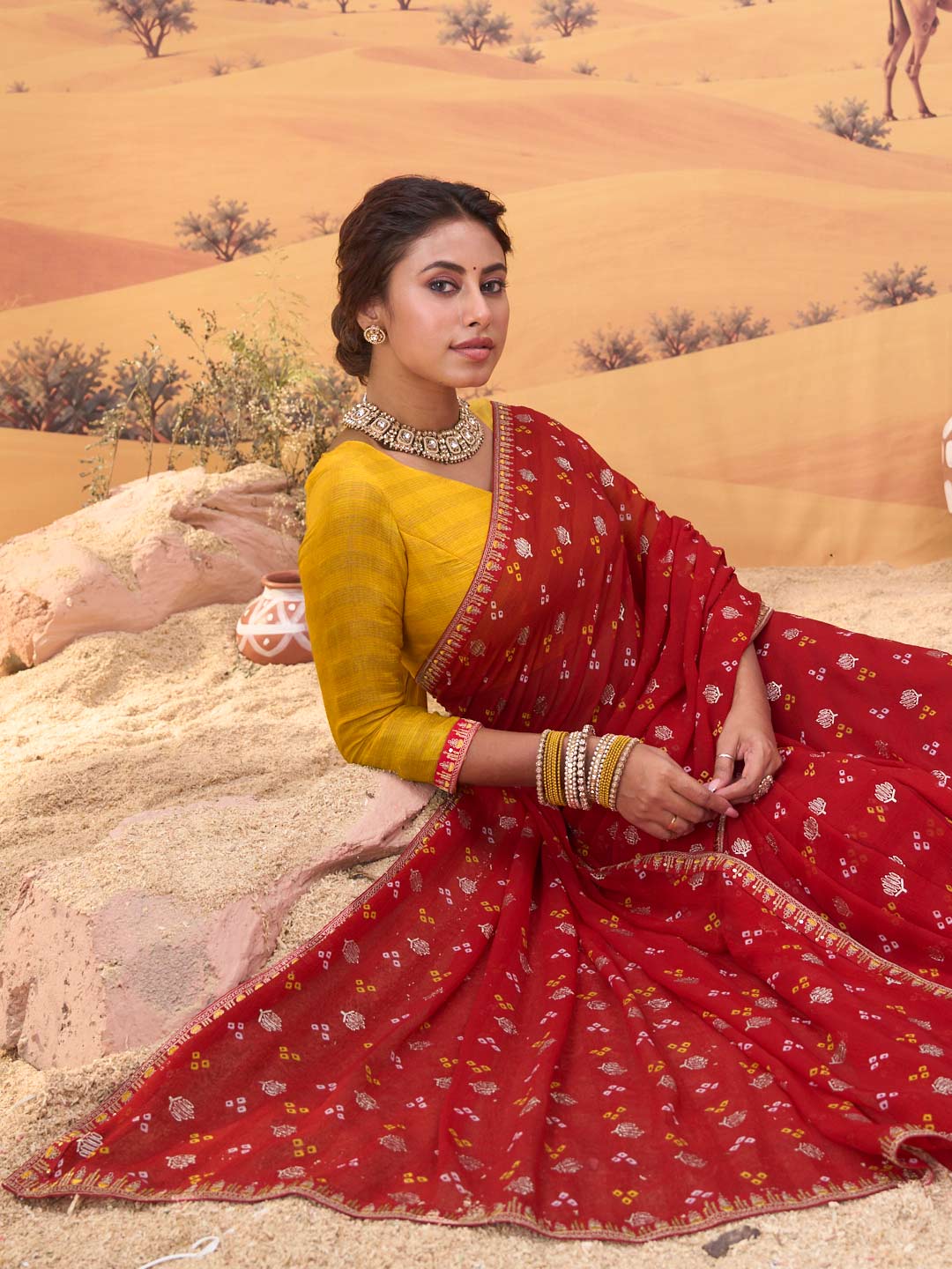 Red printed georgette saree wedding wear