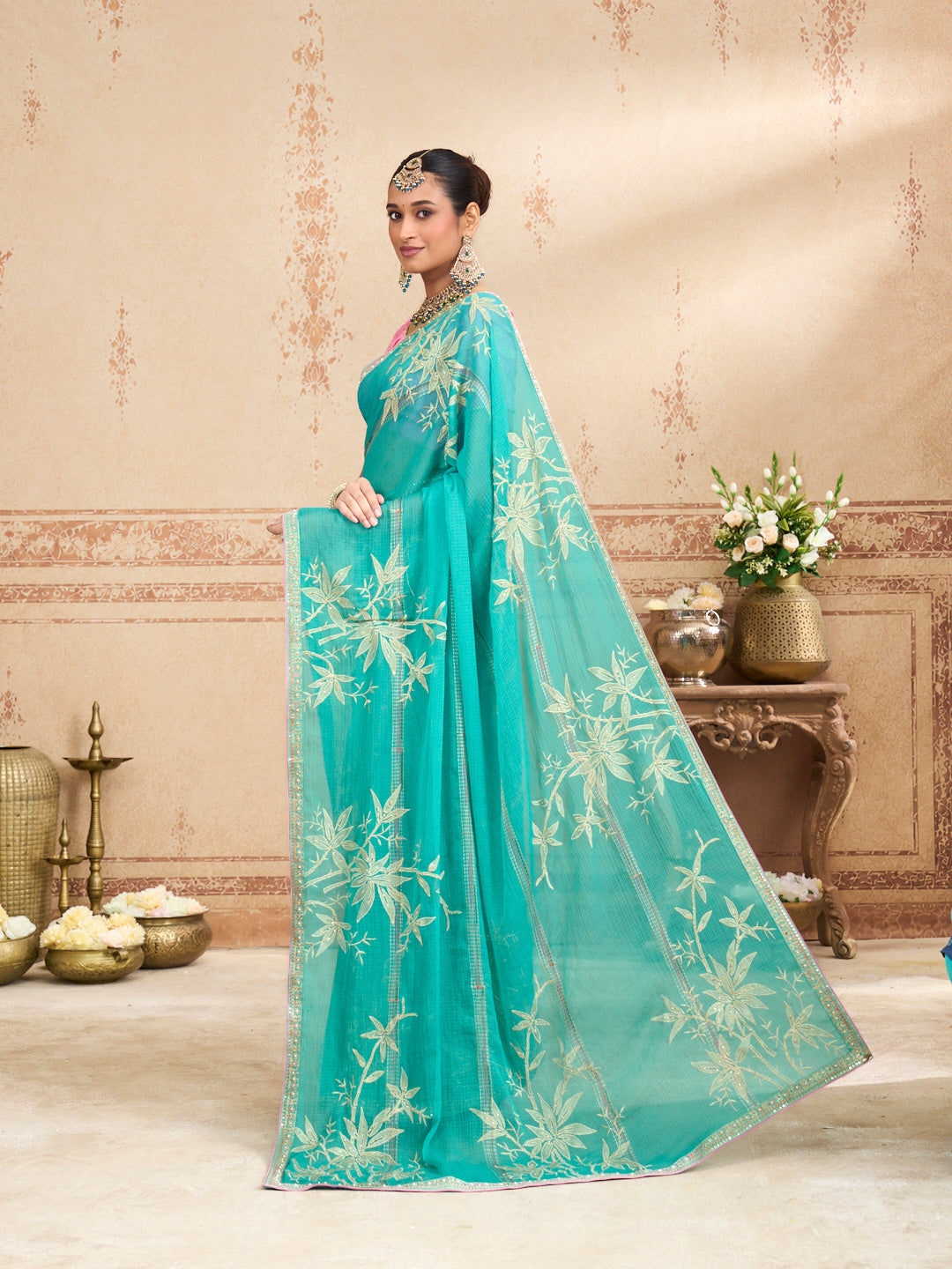 Blue work chiffon saree casual wear