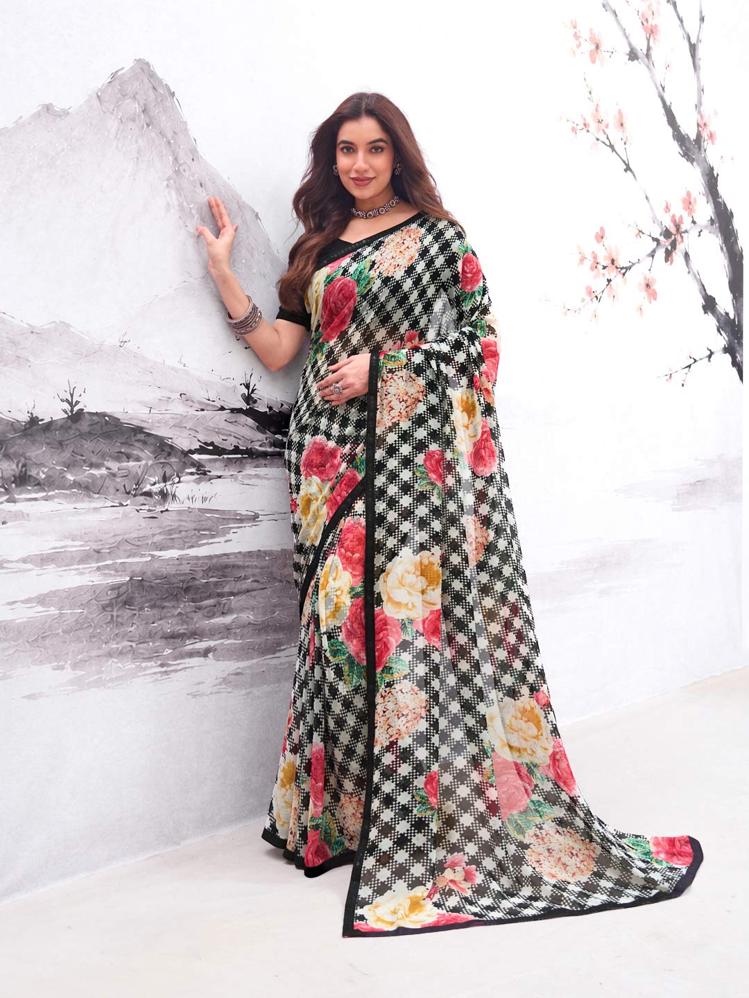 Black printed georgette saree party wear