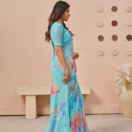Blue floral printed georgette saree festive wear