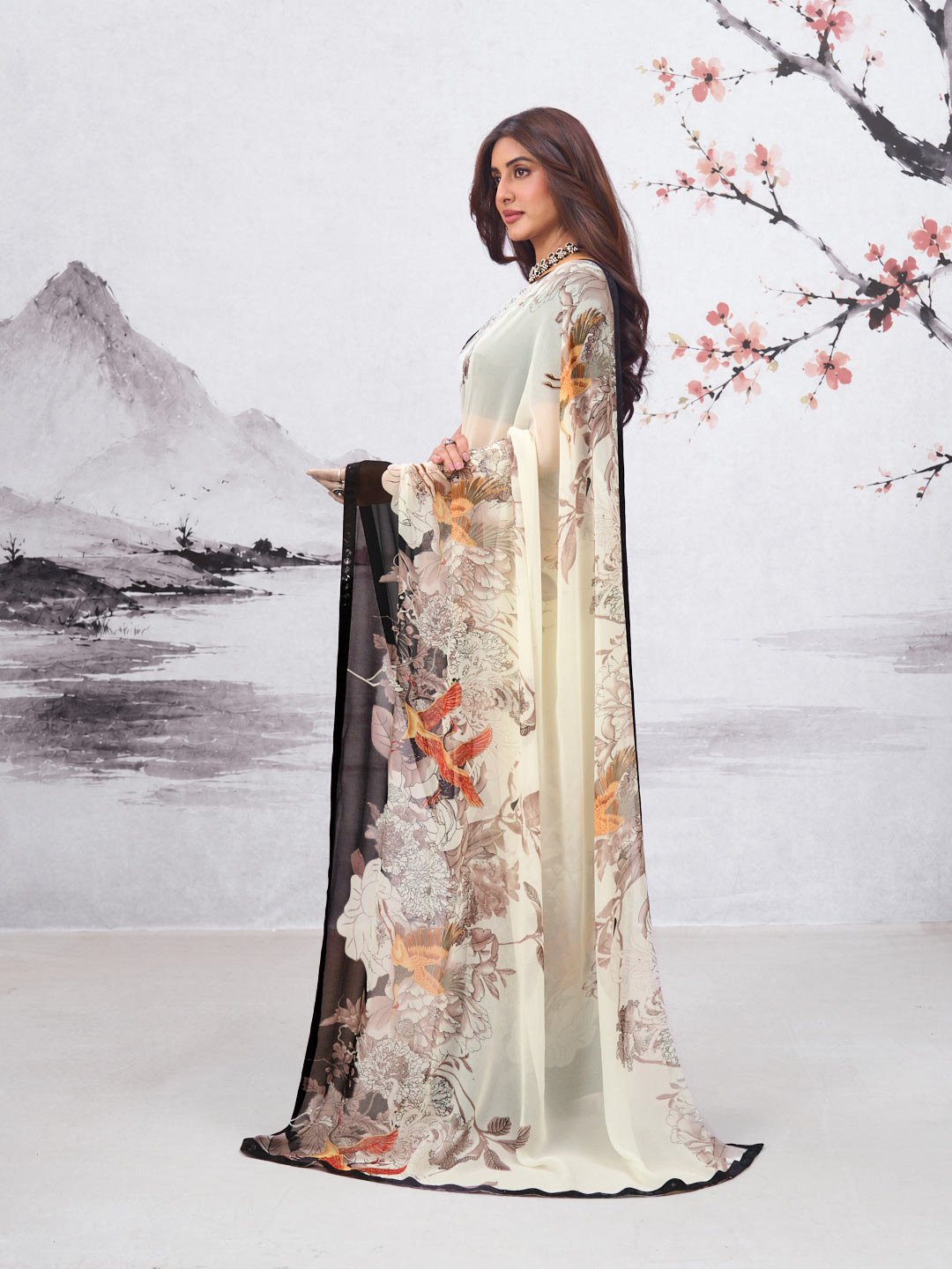 White floral printed georgette saree daily wear