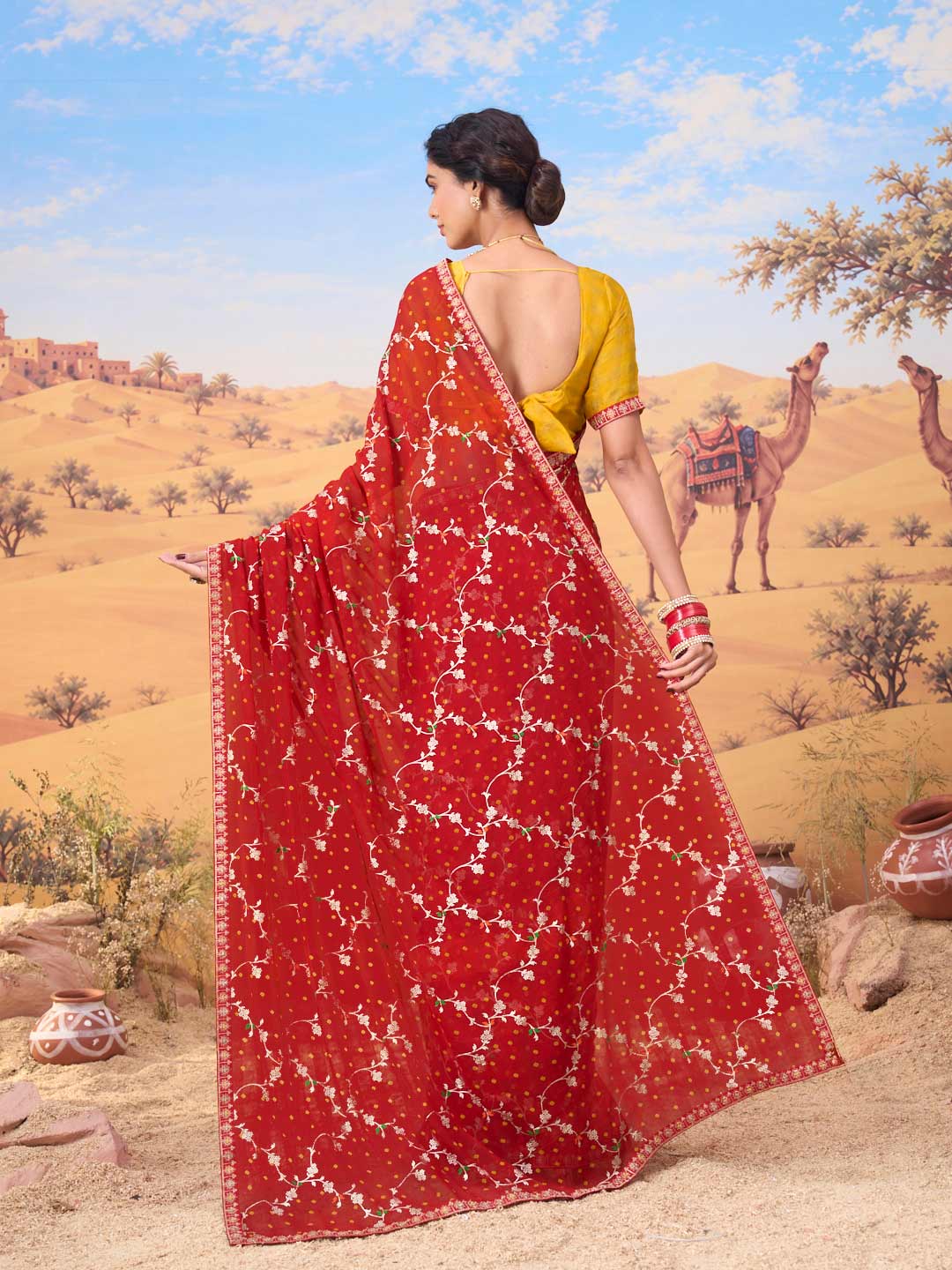 Red bandhani printed georgette saree party wear