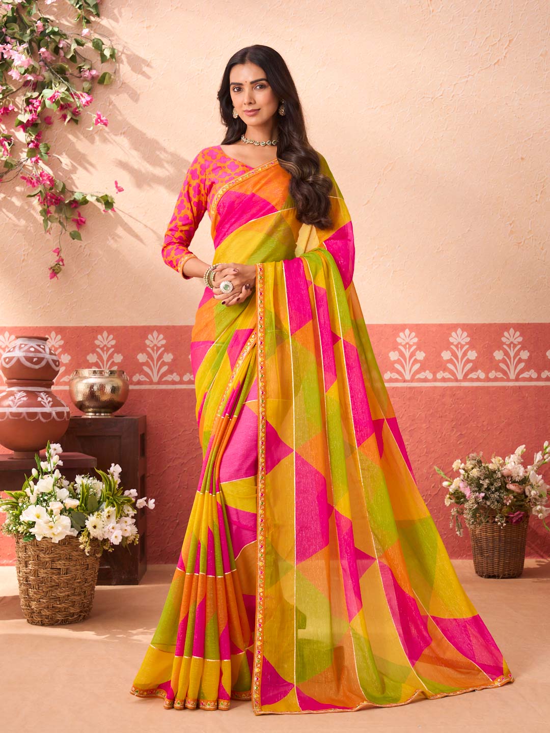Multicolor printed chiffon saree daily wear