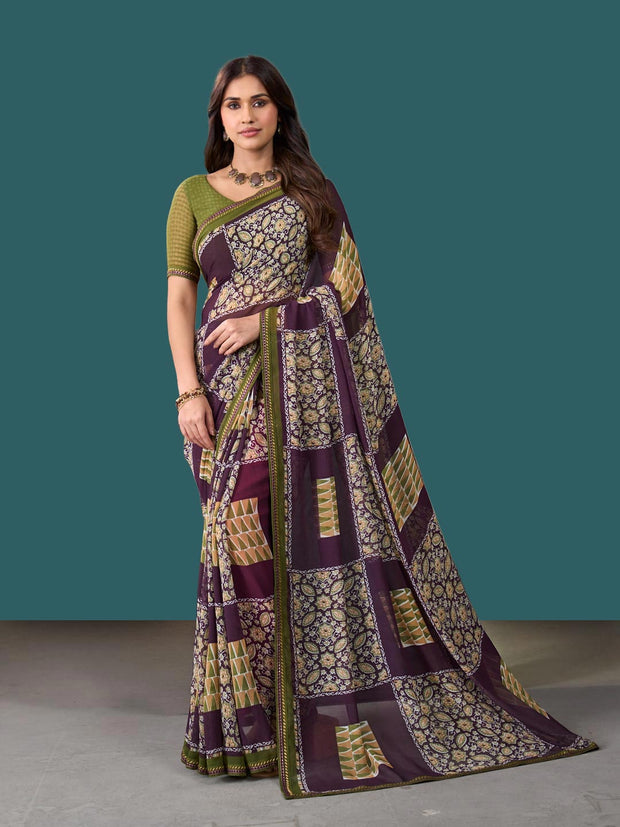 Laxmipati Rudramala Purple Georgette Floral Printed Saree
