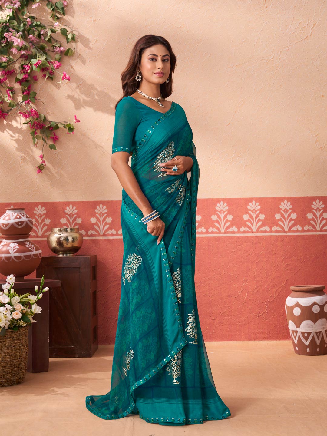 Teal Green floral printed georgette saree casual wear