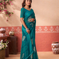 Teal Green floral printed georgette saree casual wear