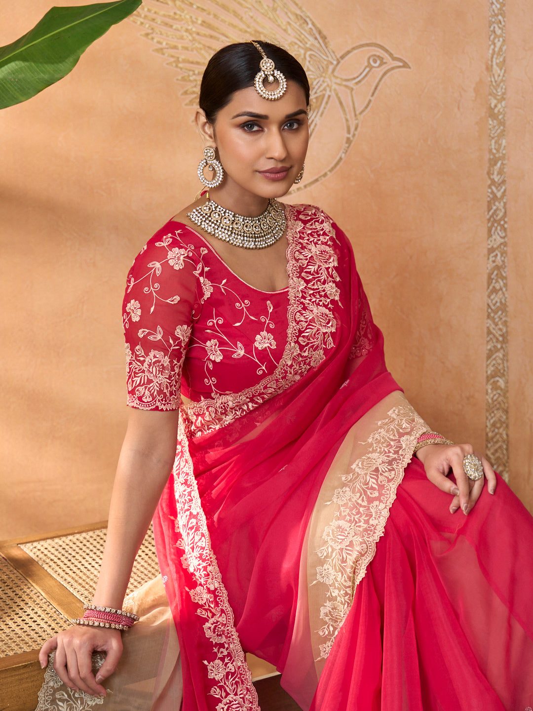 Pink embroidered tissue organza saree casual wear