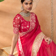 Pink embroidered tissue organza saree casual wear