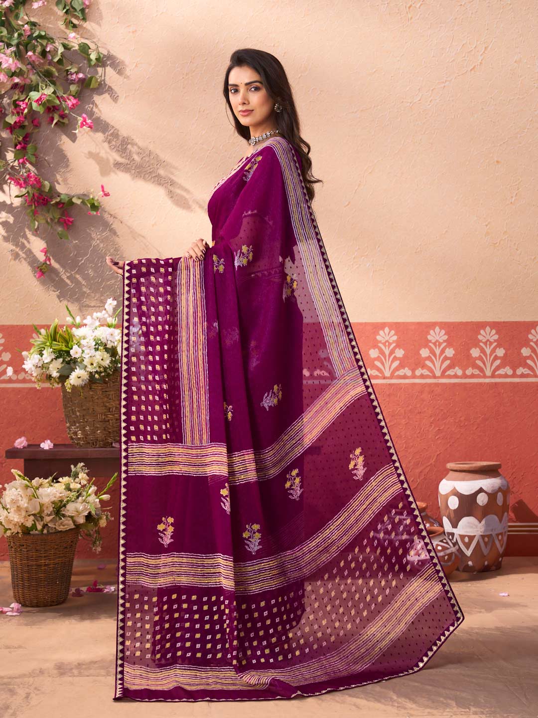 Purple geometric printed chiffon saree daily wear