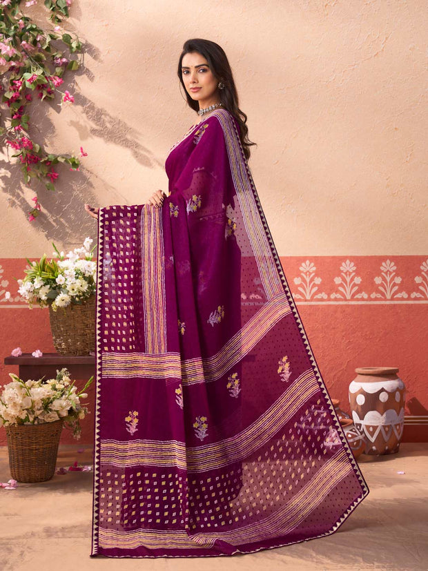 Purple geometric printed chiffon saree daily wear