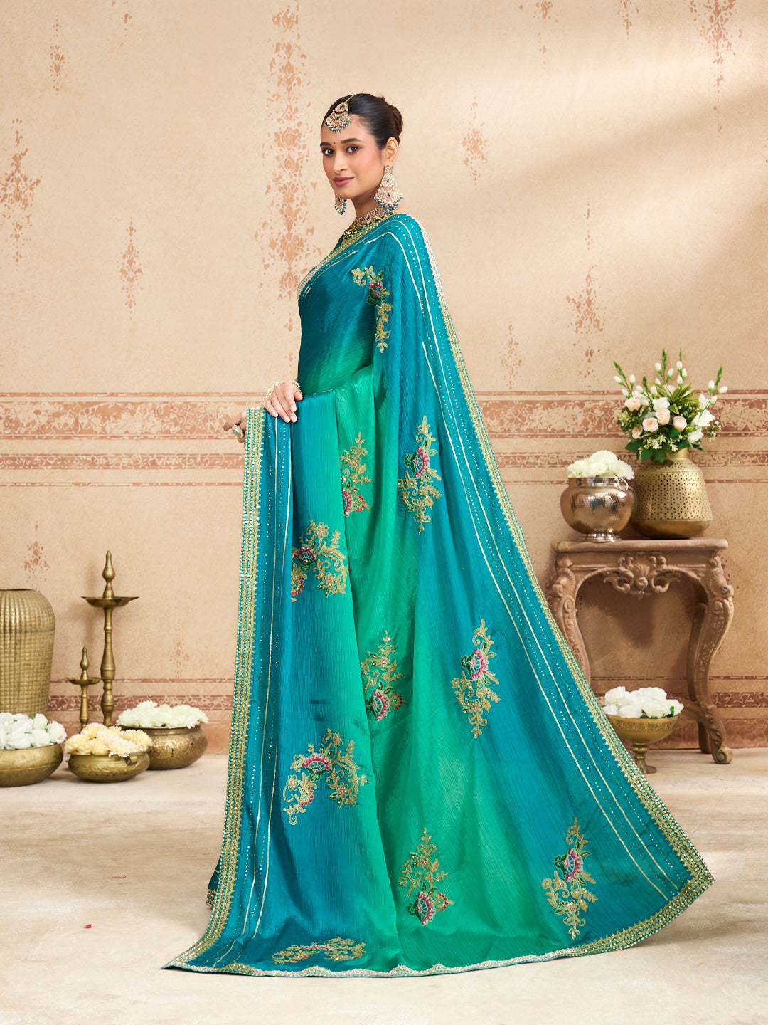 Blue floral embroidered silk blend saree wedding wear
